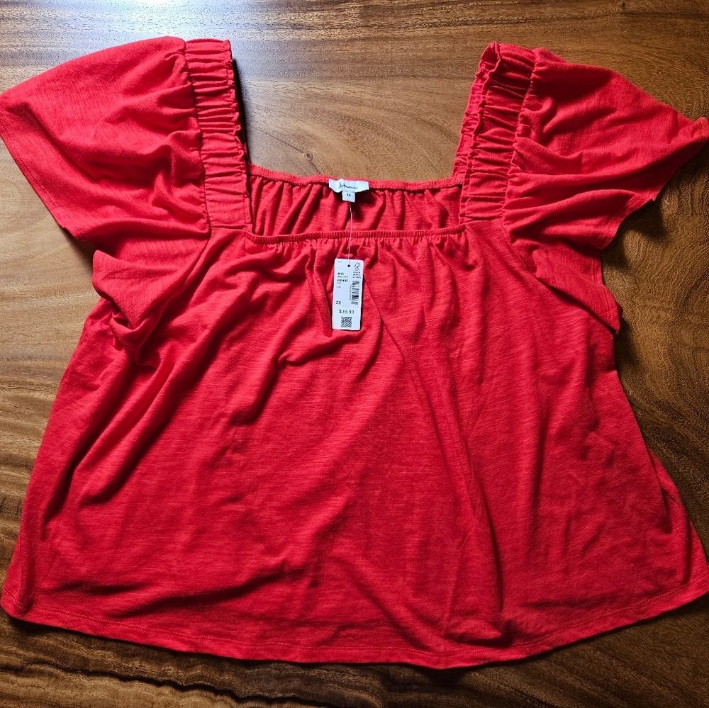 NWT Reitmans 2x Short Sleeve Shirt Red Square Neckline Ruffle Sleeve
